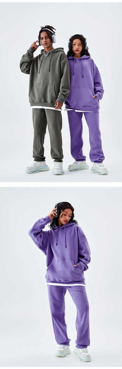 Tilani Men's Clothing European and American Trendy Brand High Quality 350g Fleece-Lined Thick Men's and Women's Hooded Sweatshirt and Sweatpants Pure Color Suit