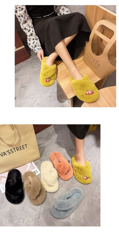 Foreign Trade Furry Slippers for Women 2025 Autumn and Winter New Korean Style Lazy Outer Wear Cross Thick-Soled Open-Toe Slippers for Outer Wear