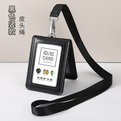 Work Card Case Detached Double Card Position Genuine Leather Folding Card Case Chest Card Lanyard Access Control Card Student School Card Rice