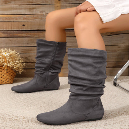 Free Shipping Cross-Border Pleated Fashion Boots with Inner Zipper, Flat Comfortable Women's Boots, Versatile European and American Style Flat Mid-Calf Boots