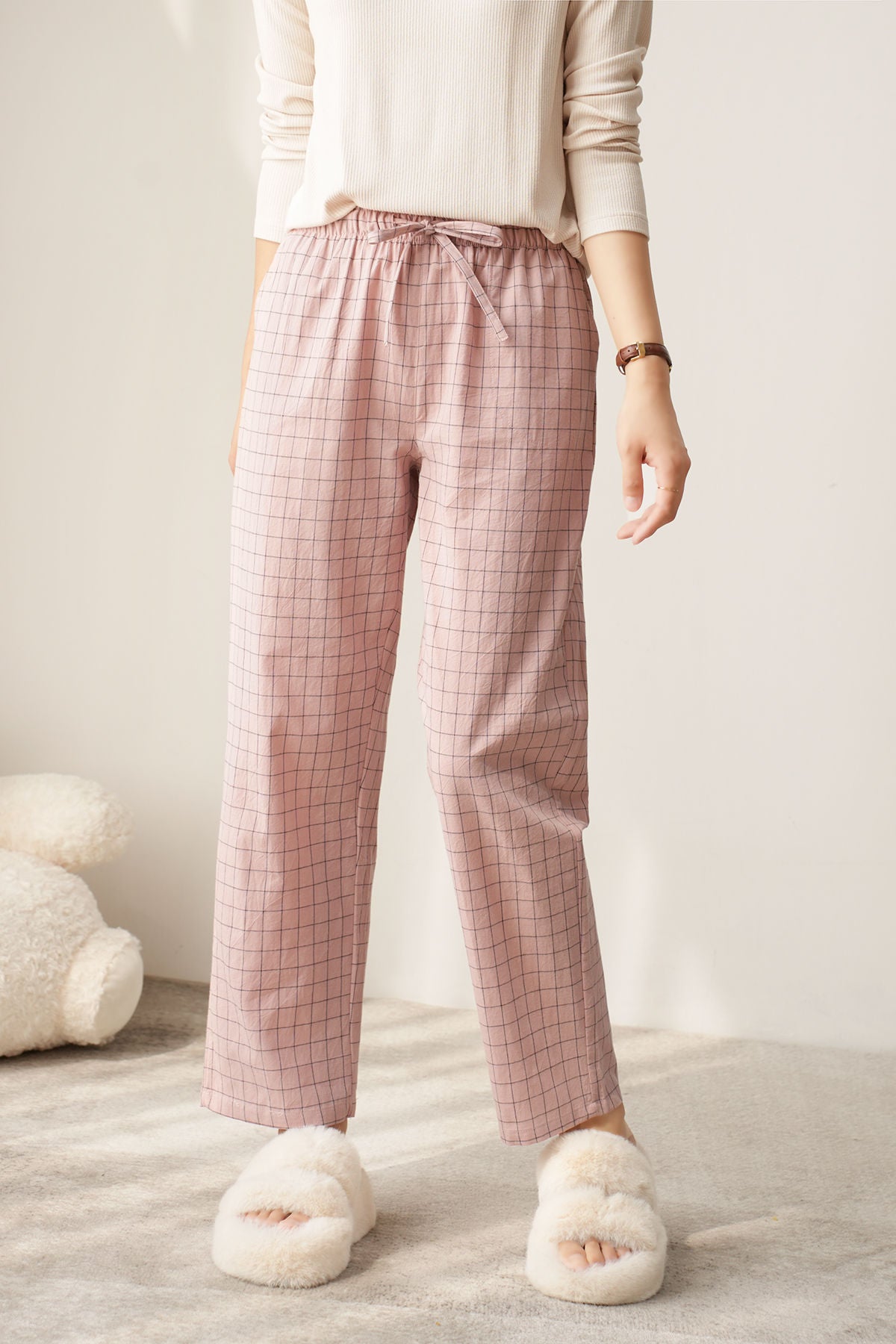 Couple Style Washed Home Pants for Men and Women, Pure Cotton Plaid Pajama Pants, Living Pants, Spring and Autumn Style, Japanese Warehouse Available for Wholesale