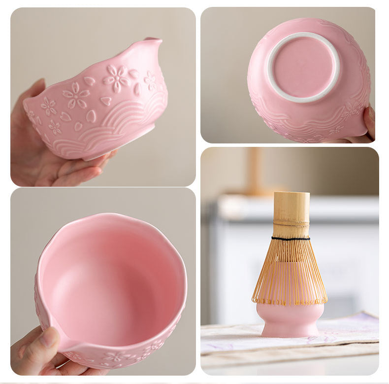 Directly Supplied from the Manufacturer, Exclusively for Cross-Border Trade, Ceramic Matcha Bowl Set with Embossed Cherry Blossom Design, 7-Piece Set with Spout, High Aesthetic Value, Color Box Packaging