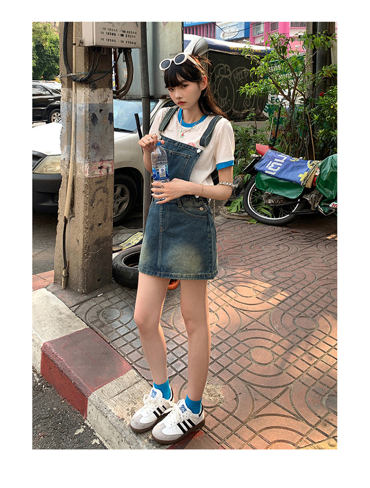 YC & American Retro Sweet Girl Strap Skirt A- line Skirt Slimming Joker dress Denim Skirt Spring and Summer