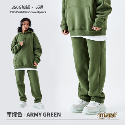 Tilani Men's Clothing European and American Trendy Brand High Quality 350g Fleece-Lined Thick Men's and Women's Hooded Sweatshirt and Sweatpants Pure Color Suit