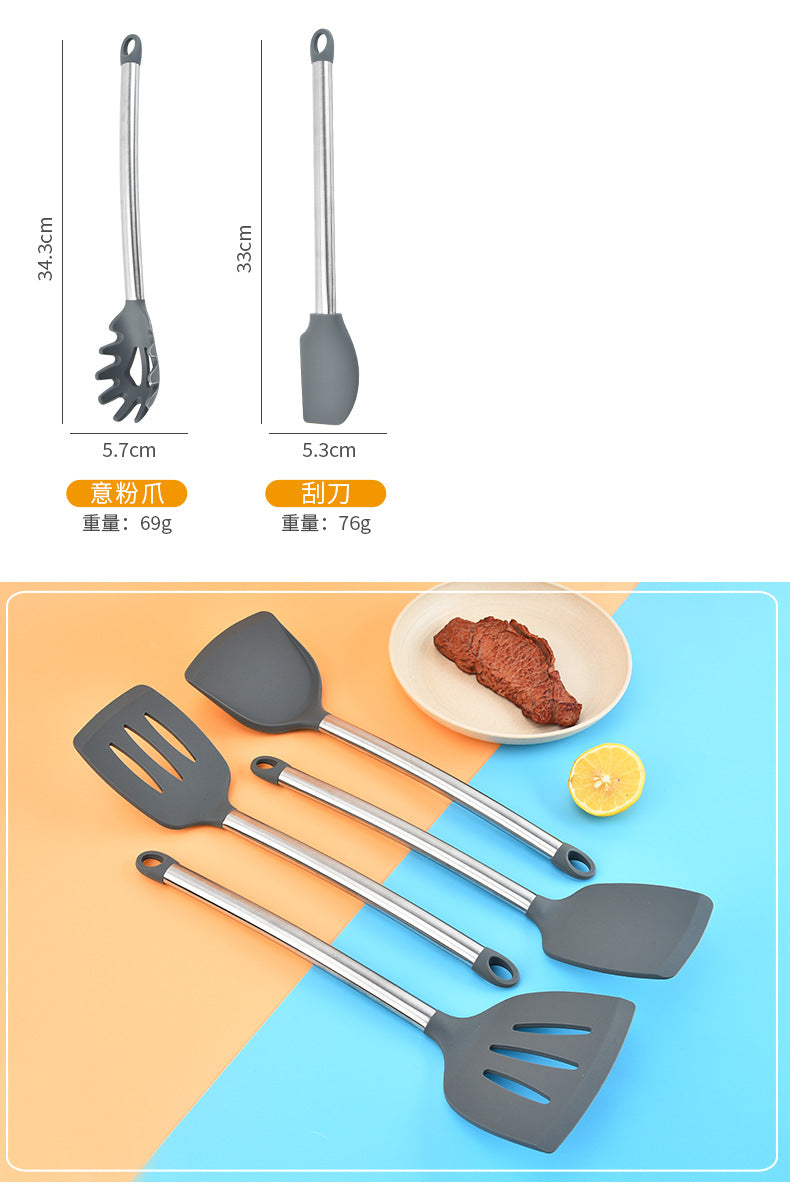 Silicone kitchenware suit 8-piece set stainless steel tube handle spatula baking scraper egg beater cooking hot pot spoon