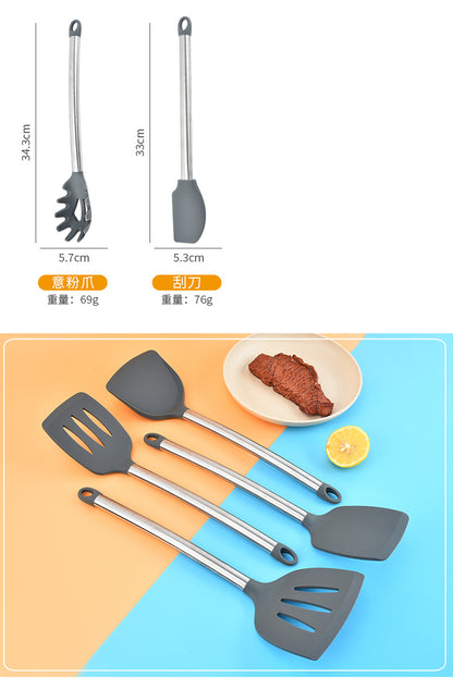 Silicone kitchenware suit 8-piece set stainless steel tube handle spatula baking scraper egg beater cooking hot pot spoon