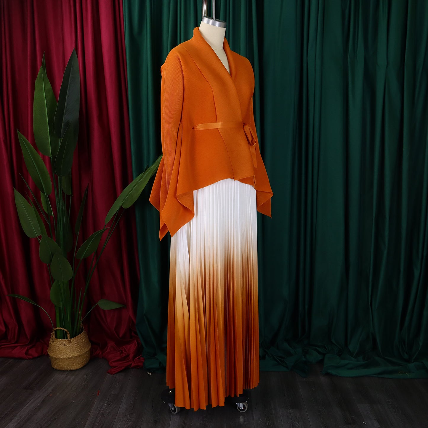 C8610 African plus size Women's Spring New Fashion Strap Bat Sleeve Top Gradient Color-changing Skirt Two-piece Set