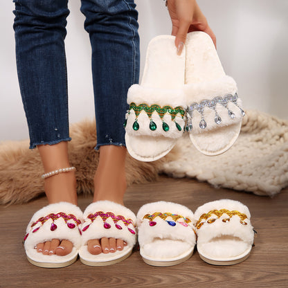 Thick-Soled Furry Slippers for Women in Autumn and Winter Indoor and Outdoor 2025 New Tassel Rhinestone Plush Slippers One-Line Cotton Slippers for Women