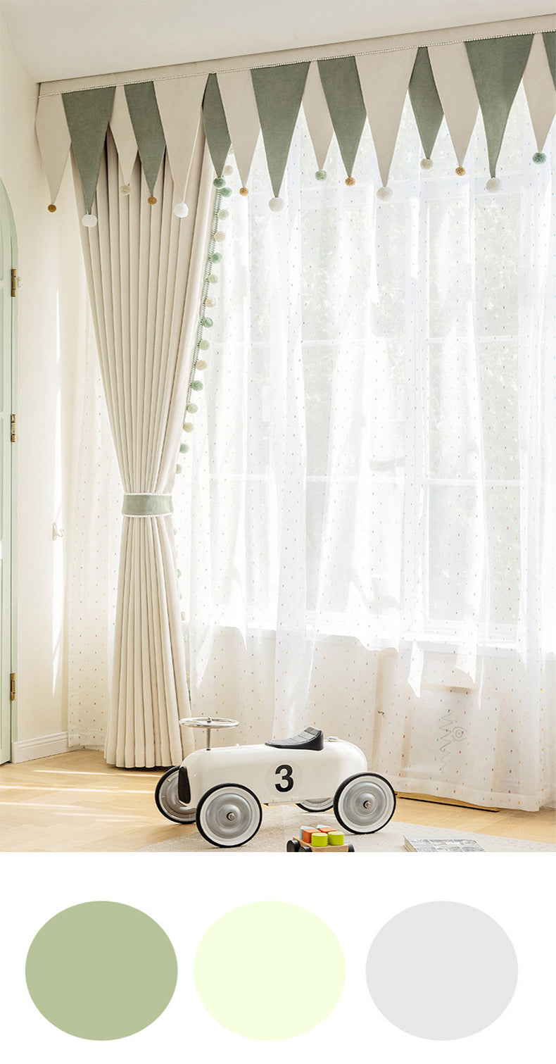 Cream-Colored Chenille Blackout Curtains for Children's Room, Sleeping Beauty Style, with Pom-Pom Design, Custom-Made Finished Product