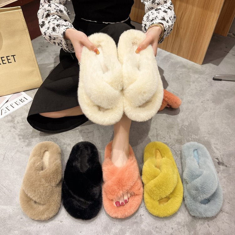 Foreign Trade Furry Slippers for Women 2025 Autumn and Winter New Korean Style Lazy Outer Wear Cross Thick-Soled Open-Toe Slippers for Outer Wear