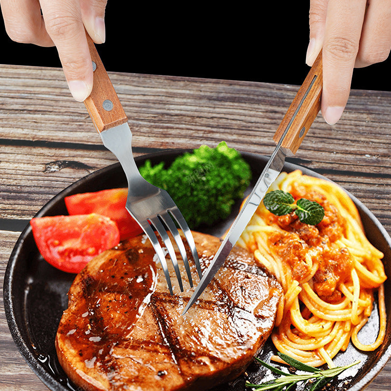 Cross-border Wooden Handle Steak Knife and Fork Two-piece Set Household Western-style Tableware Stainless Steel Main Knife Dishpoint Fork in stock Batch