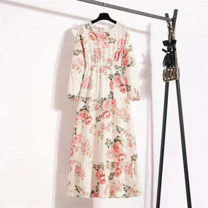 Cross-border Foreign Trade Floral Chiffon Long Dress Women's Spring Dress Long Sleeve Crewneck Base Skirt Waist Slim Long Dress