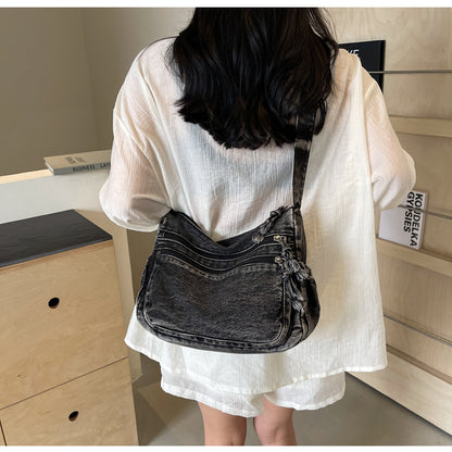 Casual Denim Shoulder Bag Japanese Harajuku Style Canvas Bag for Women 2026 New Large Capacity Simple Crossbody Bag