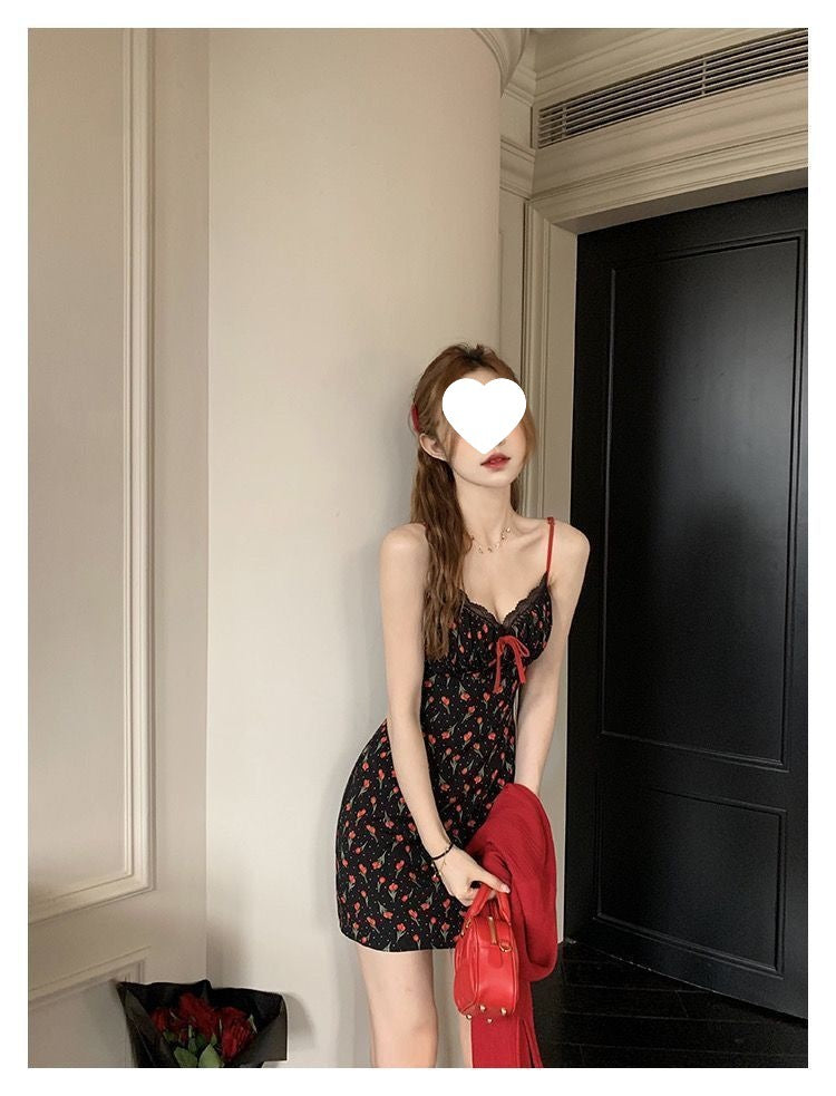 Plus Size Fat mm French Sweet Sexy Sweet Contrasting Suspender Skirt Women's Summer Red Cardigan + Floral Skirt Two-Piece Set