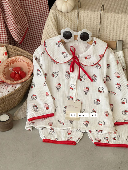 Princess Style Children's Lapel A-Class Cartoon Loungewear Set 2026 Spring New Baby Sweet and Cute Pajamas and Sleep Pants