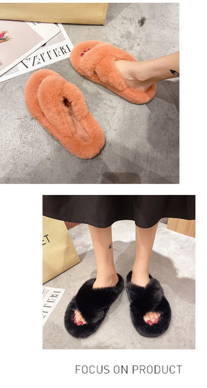 Foreign Trade Furry Slippers for Women 2025 Autumn and Winter New Korean Style Lazy Outer Wear Cross Thick-Soled Open-Toe Slippers for Outer Wear