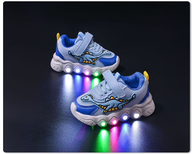 Spring New Style Dinosaur Led Light Sneakers for Boys and Girls Spring & Fall New Mesh Breathable Casual Light Shoes for Children and Middle-Aged Children