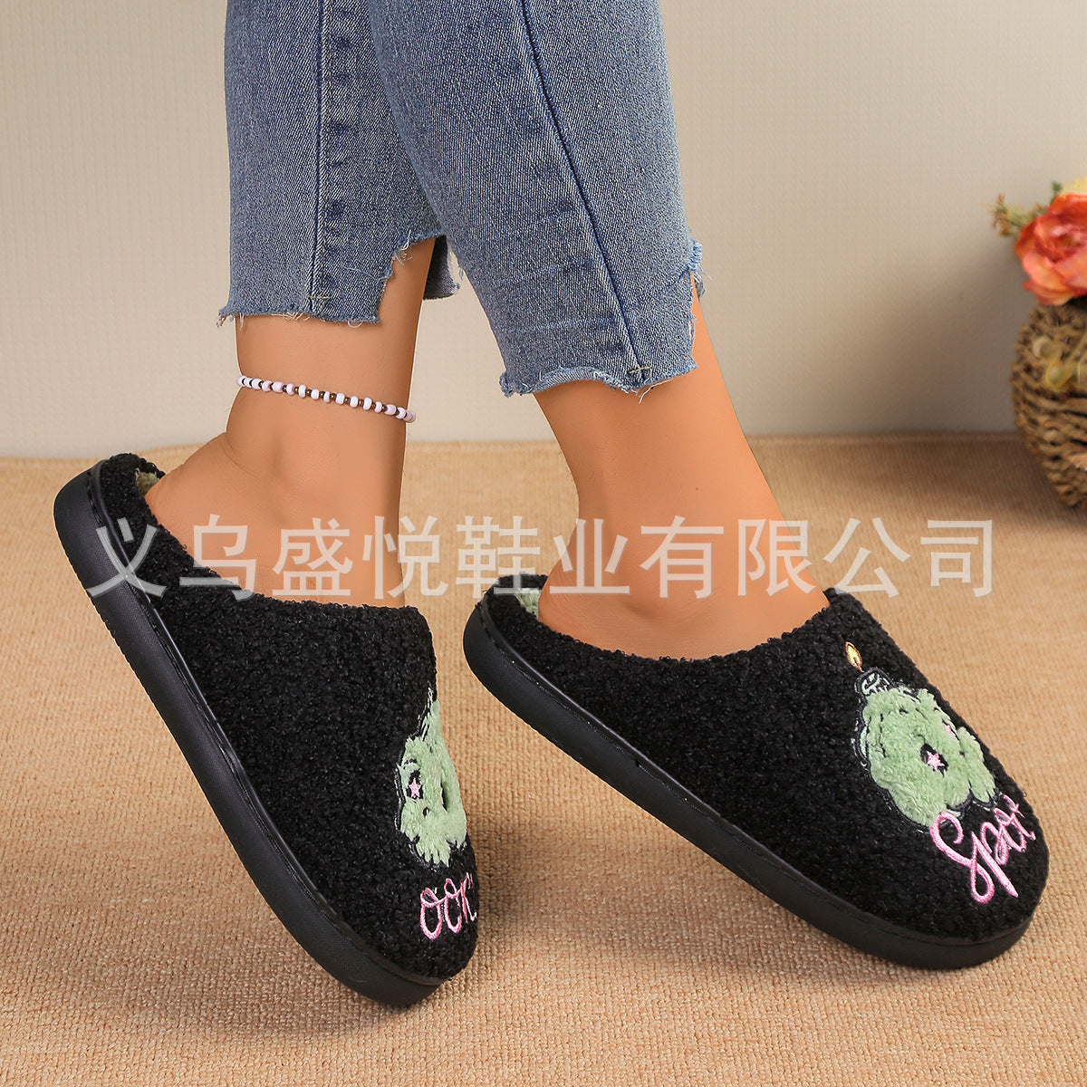 Cross-Border Halloween Embroidered Pattern Green Skull Home Comfortable Warm Cotton Slippers for Winter Couples