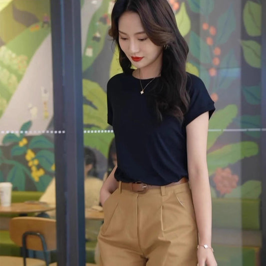 Tiktok batwing sleeve t-shirt women's round neck summer solid color simple small flying sleeve casual all-match loose short sleeve t-shirt women by PDG ibma