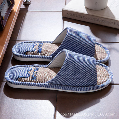 Linen Slippers Men's Breathable Indoor Home Non-slip Soft Bottom Mute Sweat Absorbing Spring and Autumn Four Seasons Foot Bear Floor Slippers