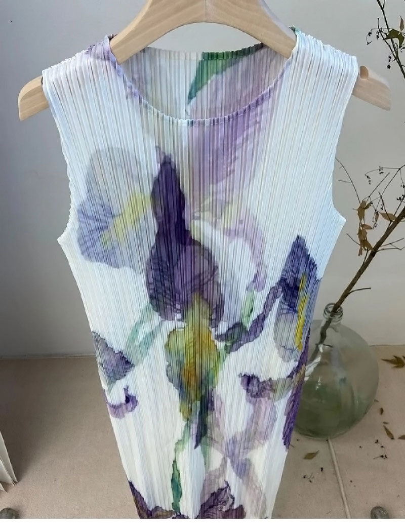 In Stock Miyake Dress Printed Elegant Elegant High-End Loose Slimming Look Elegant Round Neck Sleeveless Pleated Skirt