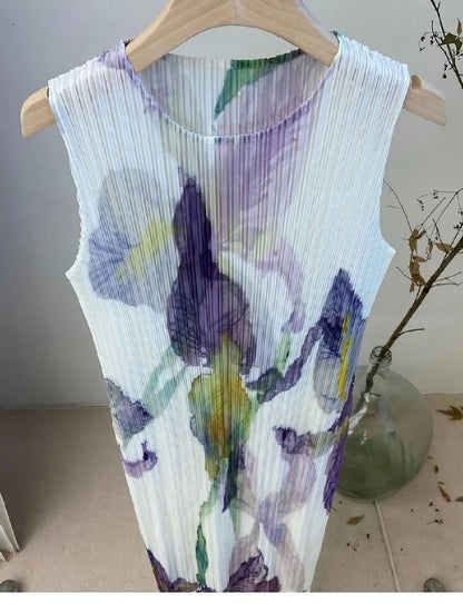 In Stock Miyake Dress Printed Elegant Elegant High-End Loose Slimming Look Elegant Round Neck Sleeveless Pleated Skirt