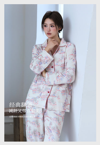 New Cotton Thickened Edge Four-Layer Gauze Women's Pajamas Cotton Warm Long-Sleeved Home Clothes for Autumn and Winter suit