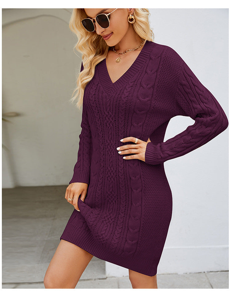 Cross-Border European and American Clothing Pure Color V Neck Long Sweater Dress Autumn and Winter Fashion Elegant Cable Bottoming Knitted Dress