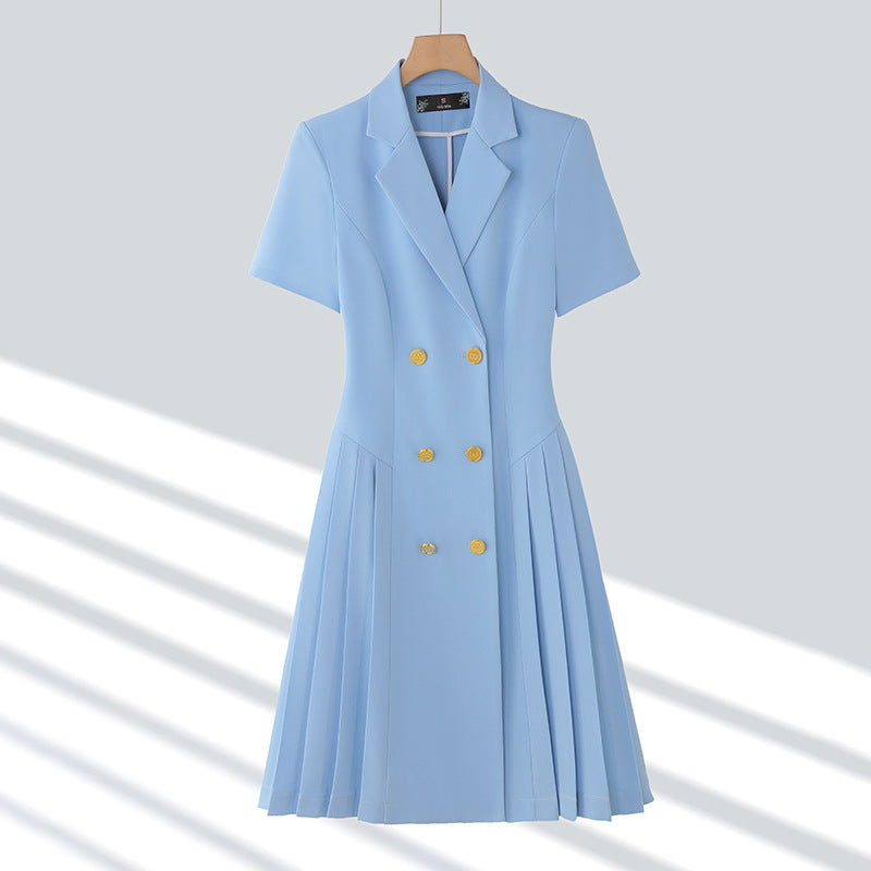 Spring and summer blue short-sleeved dress women's 2025 high-grade double-breasted professional suit collar mid-length skirt