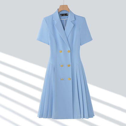 Spring and summer blue short-sleeved dress women's 2025 high-grade double-breasted professional suit collar mid-length skirt