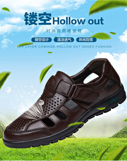 Leather cowhide special clearance shoes hollow leather sandals men's casual hole shoes middle-aged business dad shoes