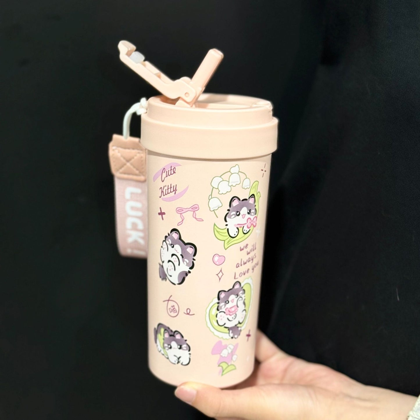New cute thermos cup 316 stainless steel coffee cup portable double drink portable men's and women's straw accompanying cup