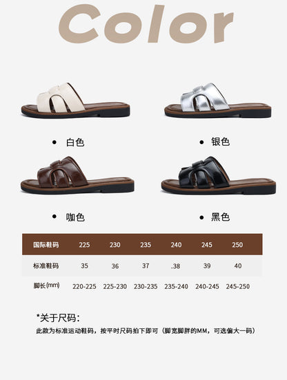 2025 New French Retro Leather Slippers Niche Casual Flat Versatile Slip-On Sandals for Women