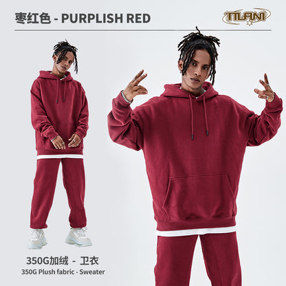 Tilani Men's Clothing European and American Trendy Brand High Quality 350g Fleece-Lined Thick Men's and Women's Hooded Sweatshirt and Sweatpants Pure Color Suit