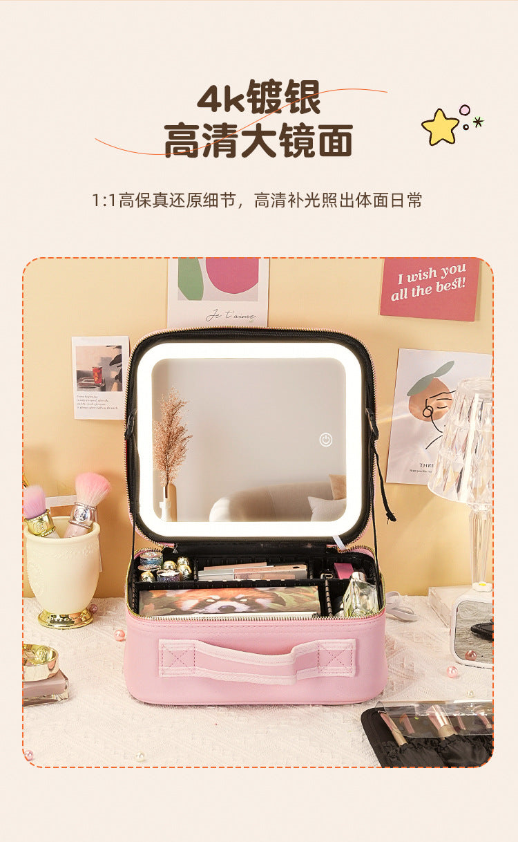 New Style Cosmetic Bag with Light and Mirror Led Light Rechargeable Portable Travel Makeup Cosmetics Cosmetics Bag Ins Style