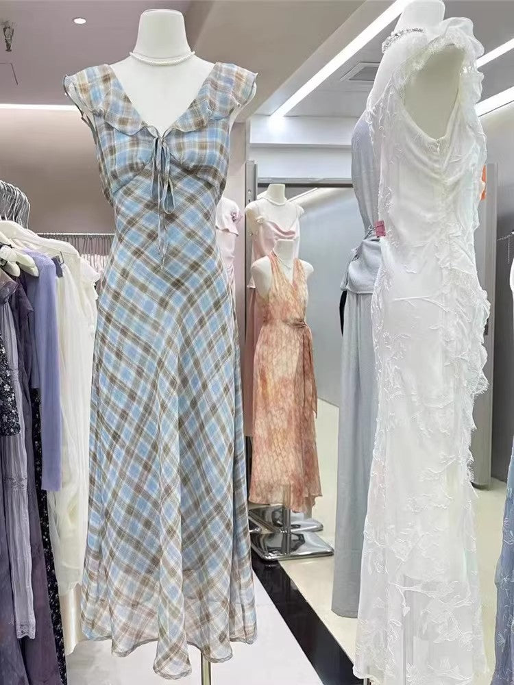 Fashion New Summer French Elegant Temperament Gentle Ruffled Plaid Dress Women's Summer Slimming Age-Reducing Long Dress