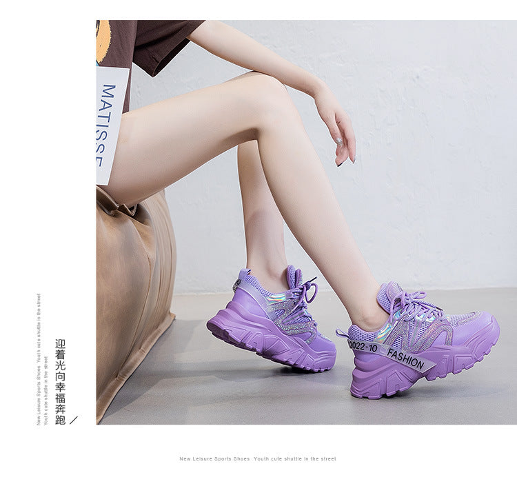 2026 Spring and Autumn Style Dad Shoes, Internet Celebrity Rhinestone Breathable Genuine Leather Shoes for Petite People, Popular Purple Thick-Soled Sports Shoes, Trendy on Instagram