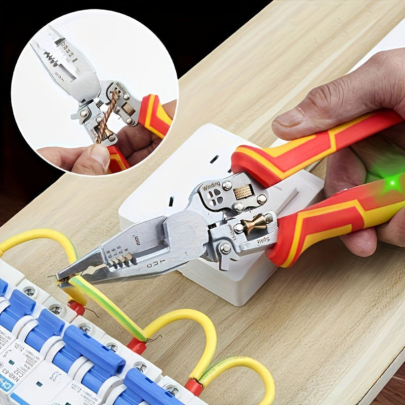 8-in -1 multifunctional wire stripper for electrician with power measurement, wire cutting, cable scissors, multi-purpose wire stripping, wire pressing and wire splitting pliers