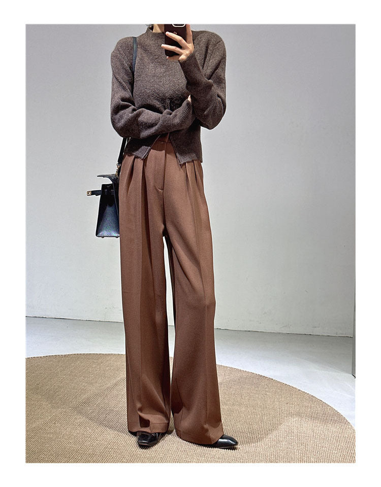 Spring and Autumn New Style Old Money Style Brown Coffee Color Suit Pants for Women, Wide-Leg Pants with Drape Effect, Slimming, Extended Length for Tall Individuals, Straight-Leg Pants