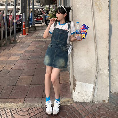 YC & American Retro Sweet Girl Strap Skirt A- line Skirt Slimming Joker dress Denim Skirt Spring and Summer