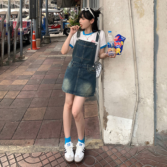 YC & American Retro Sweet Girl Strap Skirt A- line Skirt Slimming Joker dress Denim Skirt Spring and Summer by PDG ibma