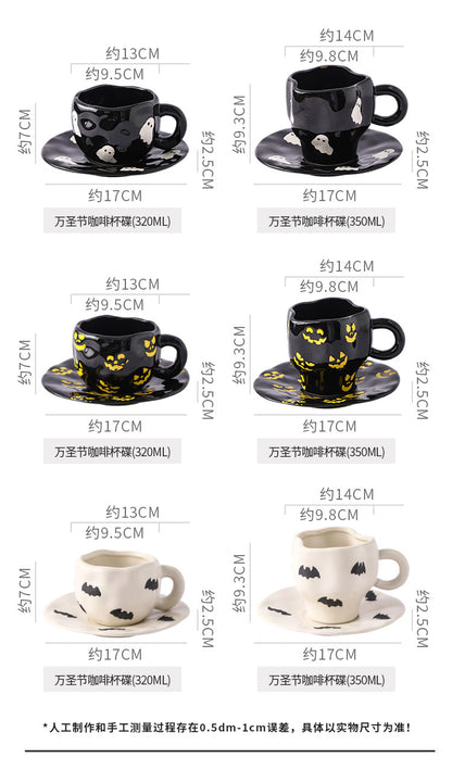 Creative Halloween-Themed Ceramic Cup and Saucer, Irregular Personalized Coffee Cup and Saucer with Pumpkin and Bat Patterns
