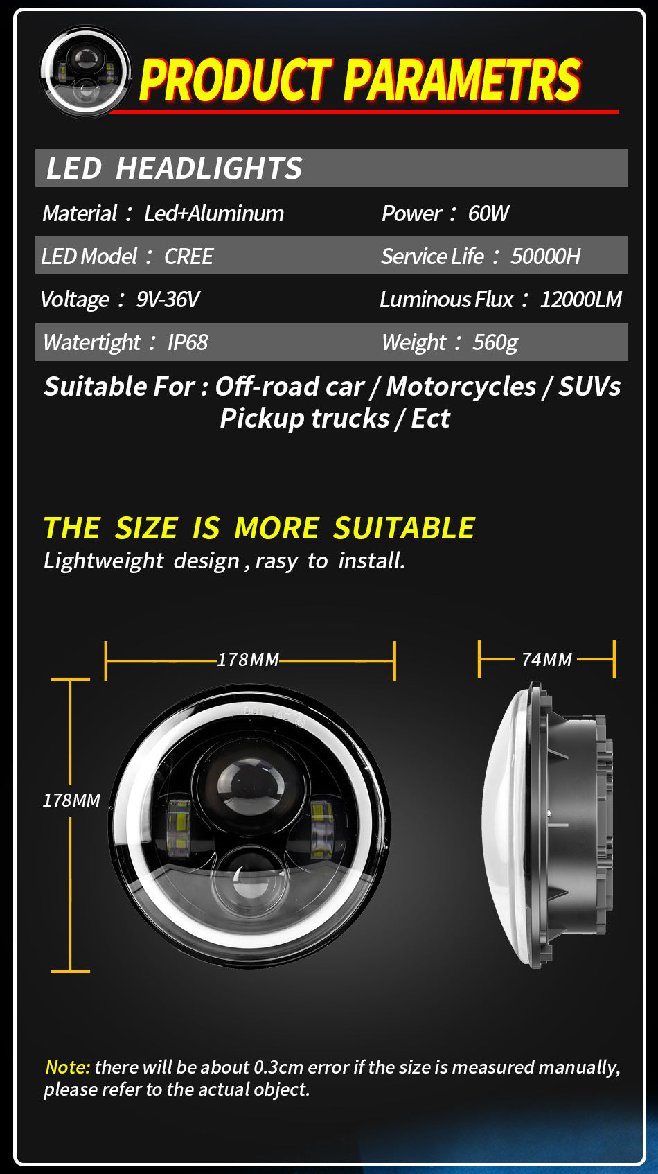 Car Led Headlights 7inch Wrangler Angel Eye Headlights Harley Motorcycle 60W Super Bright Headlights
