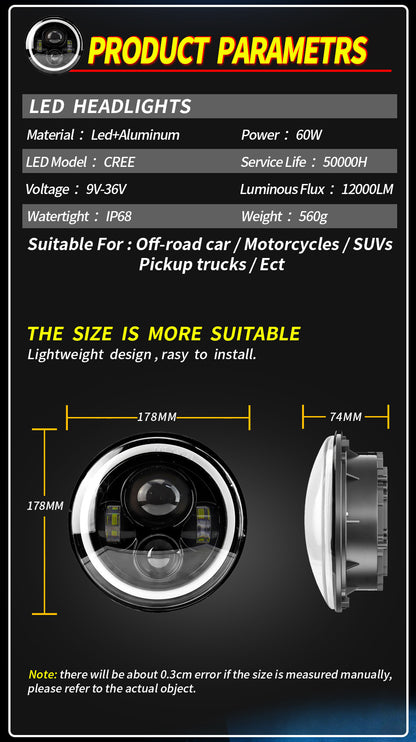 Car Led Headlights 7inch Wrangler Angel Eye Headlights Harley Motorcycle 60W Super Bright Headlights