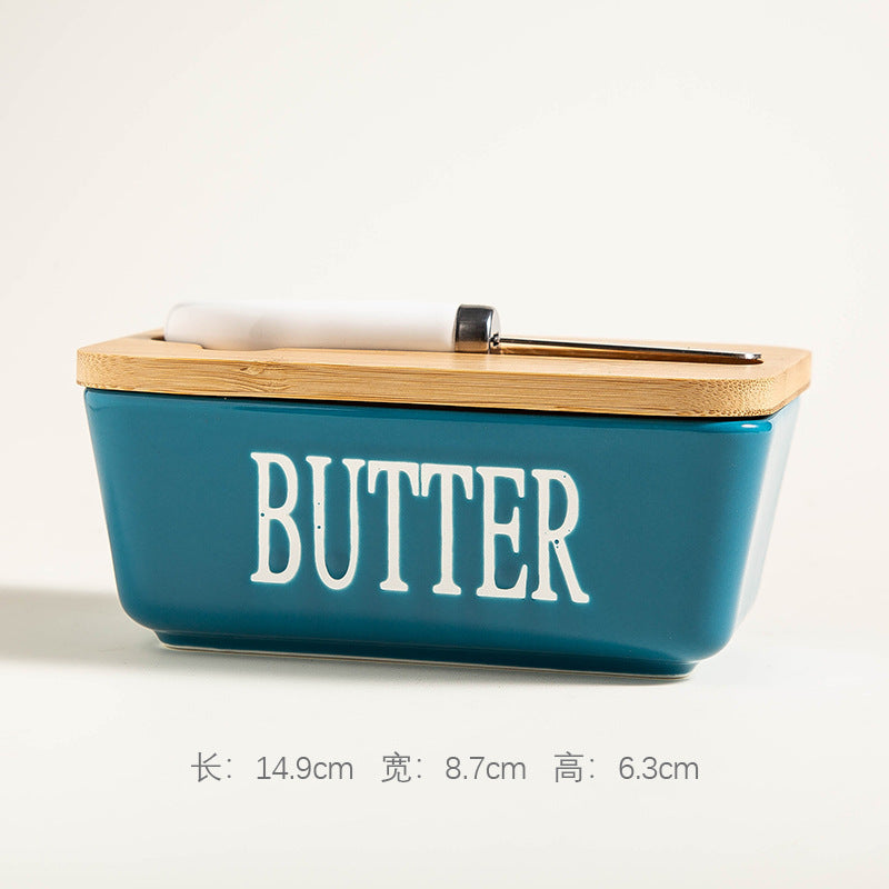 Ceramic Butter Box Rectangular Butter Sealing Box Cuttable Refrigerated Refrigerator Cheese Storage Box with Wooden Lid Butter Dish