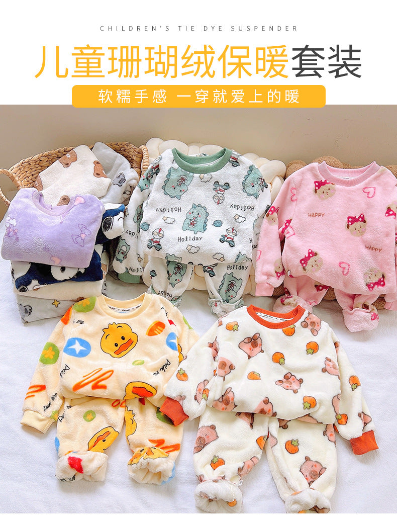 Men's and Women's Flannel Pajamas suit Autumn and Winter Middle and Big Children's Warm fleece-lined Thickened Autumn Clothes and Pants Home Clothes