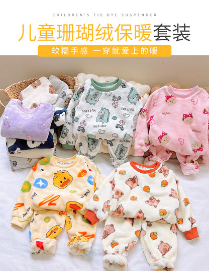 Men's and Women's Flannel Pajamas suit Autumn and Winter Middle and Big Children's Warm fleece-lined Thickened Autumn Clothes and Pants Home Clothes