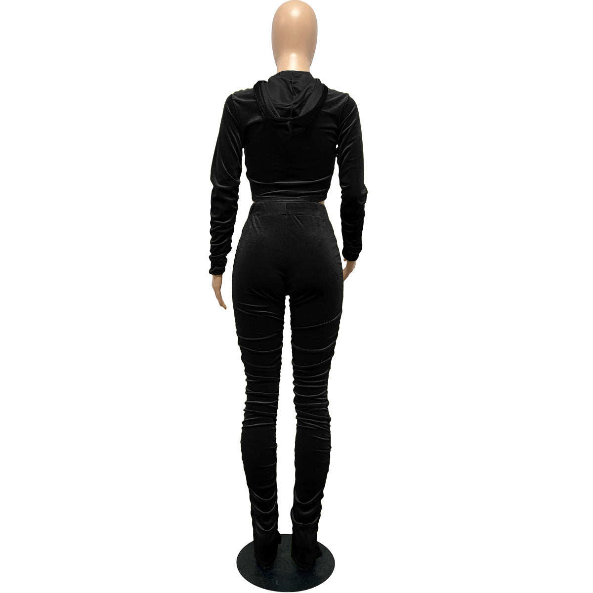 F185 European and American Women's Clothing Amazon Spring Two-piece Korean Velvet Solid Color Long Sleeve Navel Pleated Sports Suit