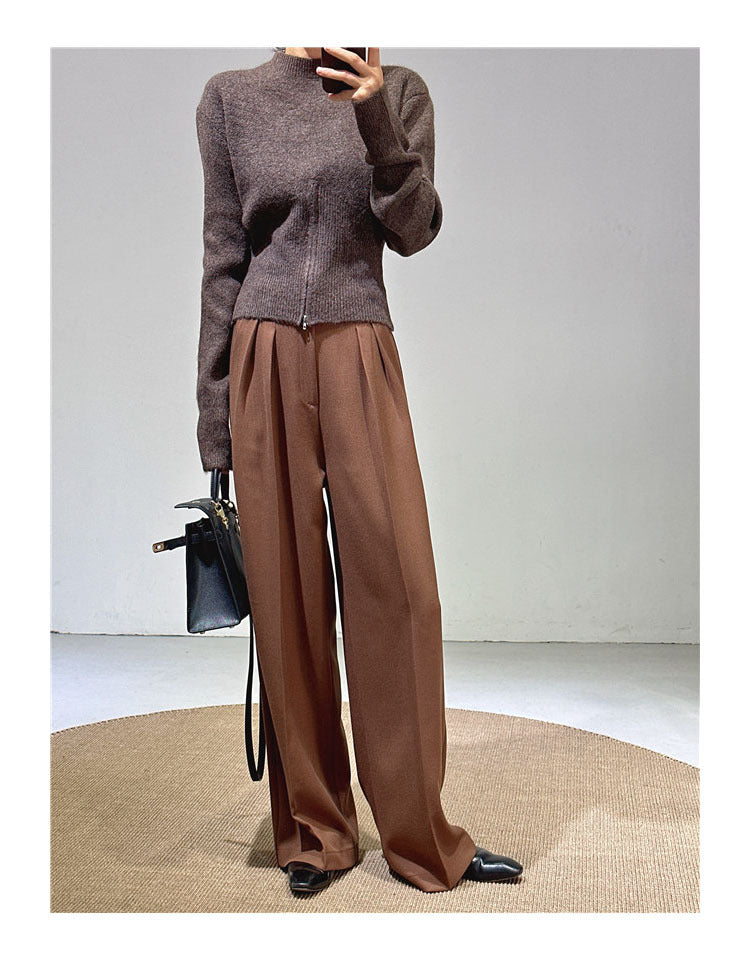 Spring and Autumn New Style Old Money Style Brown Coffee Color Suit Pants for Women, Wide-Leg Pants with Drape Effect, Slimming, Extended Length for Tall Individuals, Straight-Leg Pants
