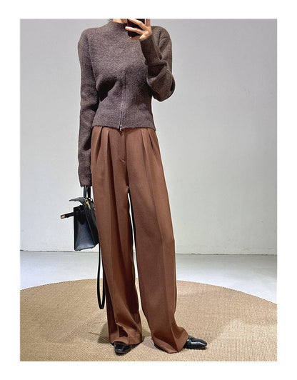 Spring and Autumn New Style Old Money Style Brown Coffee Color Suit Pants for Women, Wide-Leg Pants with Drape Effect, Slimming, Extended Length for Tall Individuals, Straight-Leg Pants
